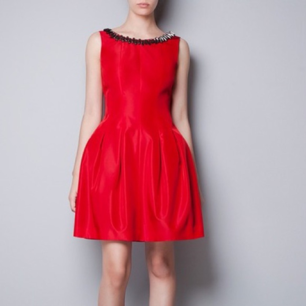 Zara Red Tulip Pleated Dress with Jewelled Collar